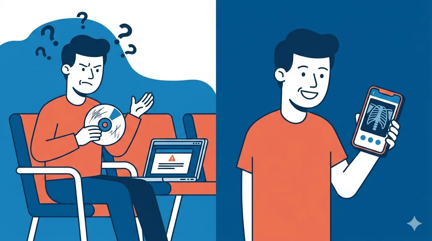 A split-screen comparison: a frustrated patient holding a CD next to a laptop error vs the same patient smiling with a phone showing a clean scan viewer