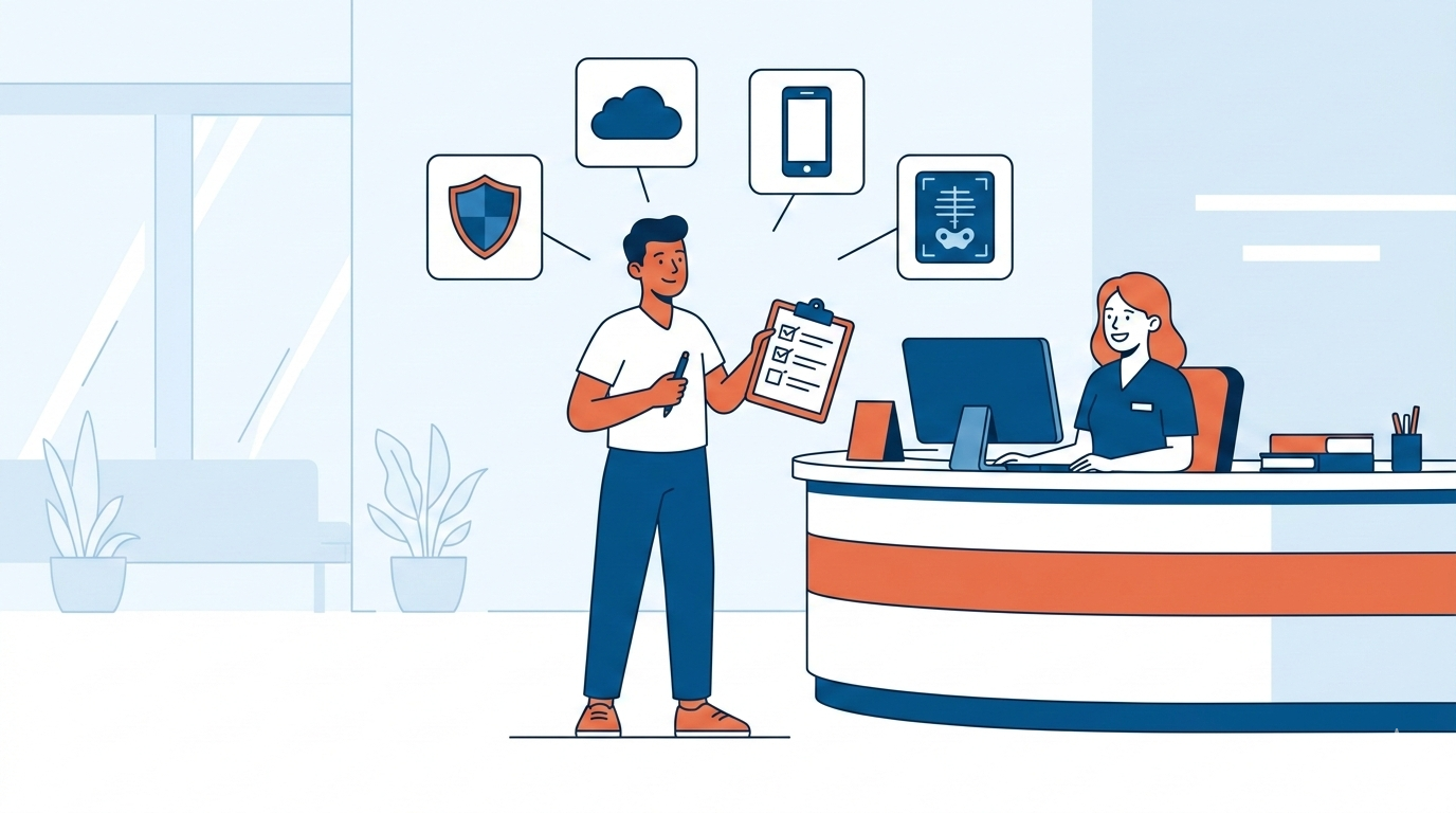 A confident patient at a hospital reception desk holding a checklist, with icons for security, cloud storage, and digital access floating behind them