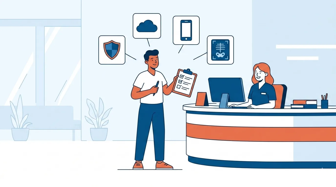 A confident patient at a hospital reception desk holding a checklist, with icons for security, cloud storage, and digital access floating behind them