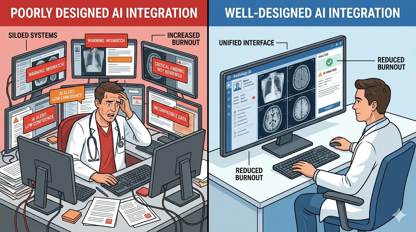 Infographic comparing bad AI integration (multiple windows, alert overload, extra logins) versus good AI integration (inline results, filtered alerts, unified workflow)