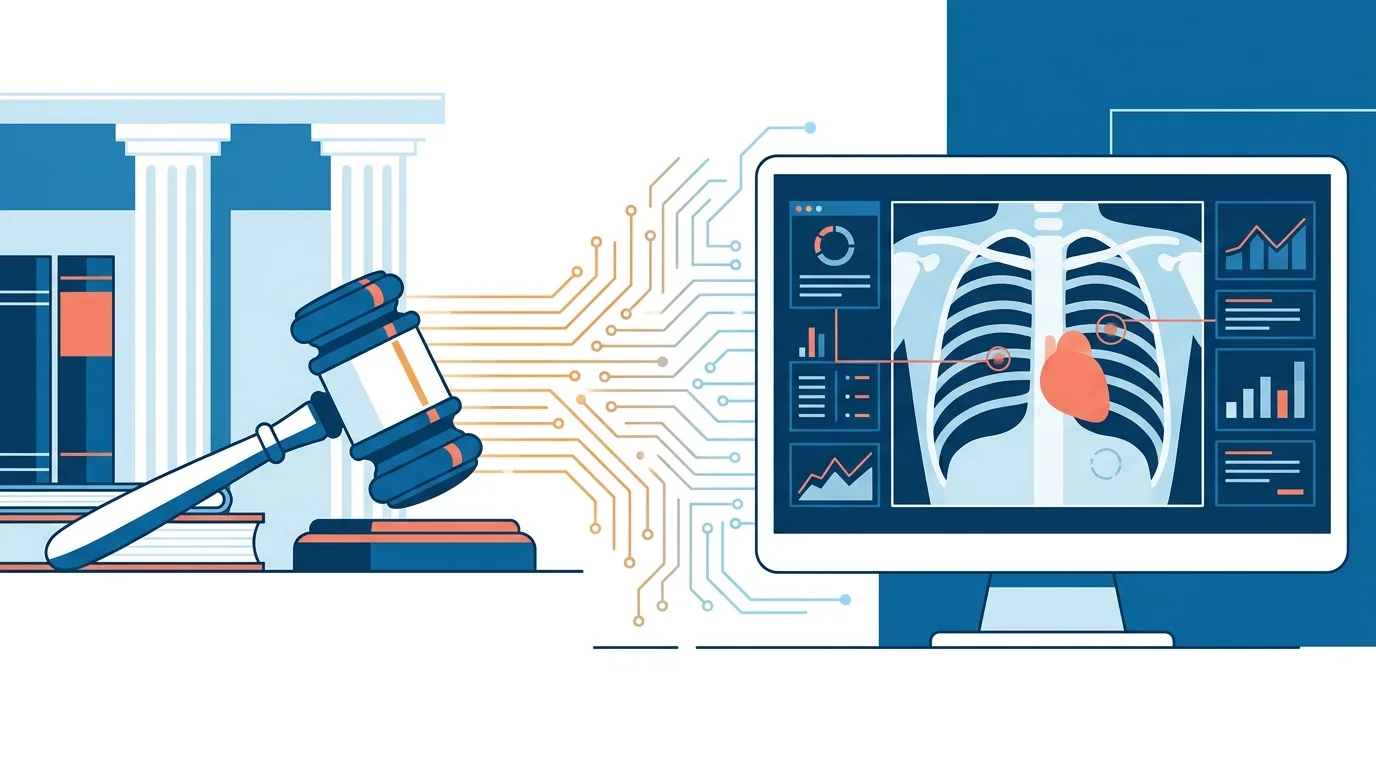 Scales of justice balanced alongside a medical imaging screen with AI analysis, representing the intersection of radiology malpractice and artificial intelligence