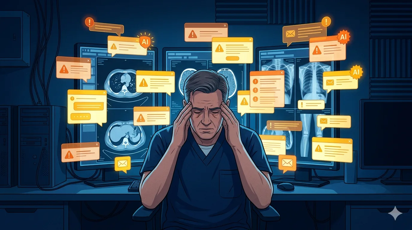 Illustration of a radiologist surrounded by cascading AI alerts and notifications, showing the tension between AI assistance and cognitive overload