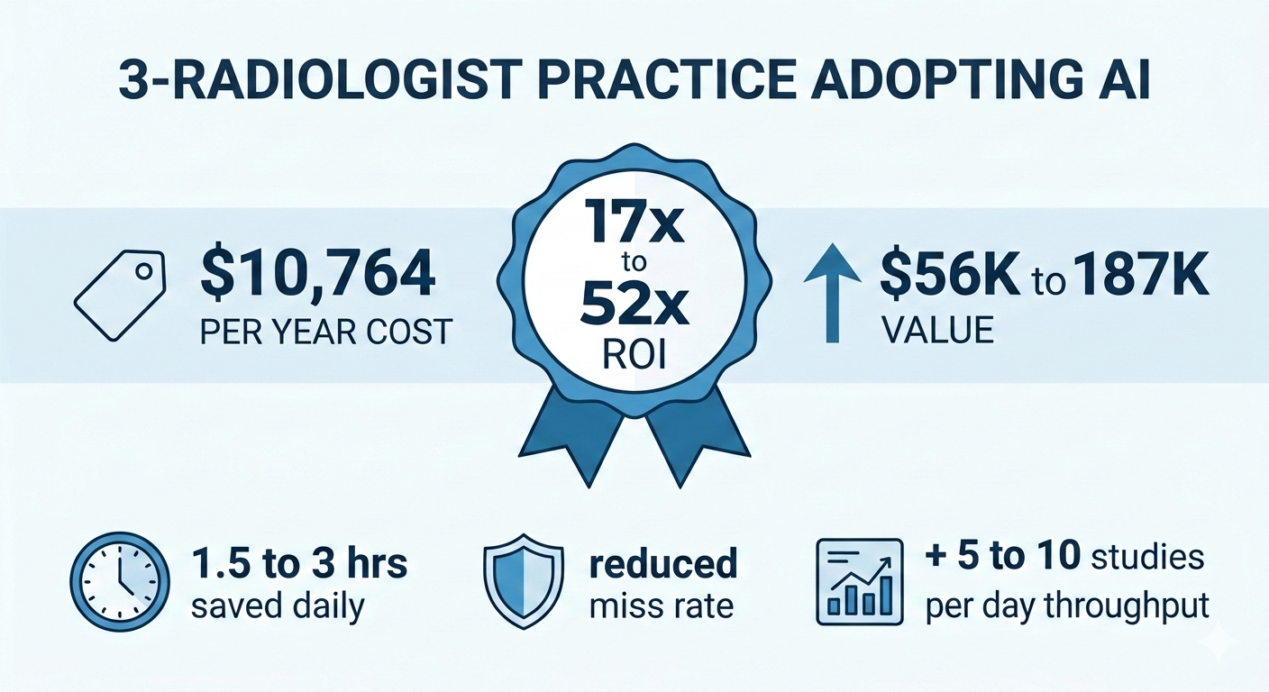 ROI breakdown infographic: $10,764 annual cost versus $56K–$187K in value — showing 1.5–3 hours saved daily, reduced miss rates, and 5–10 additional studies per day