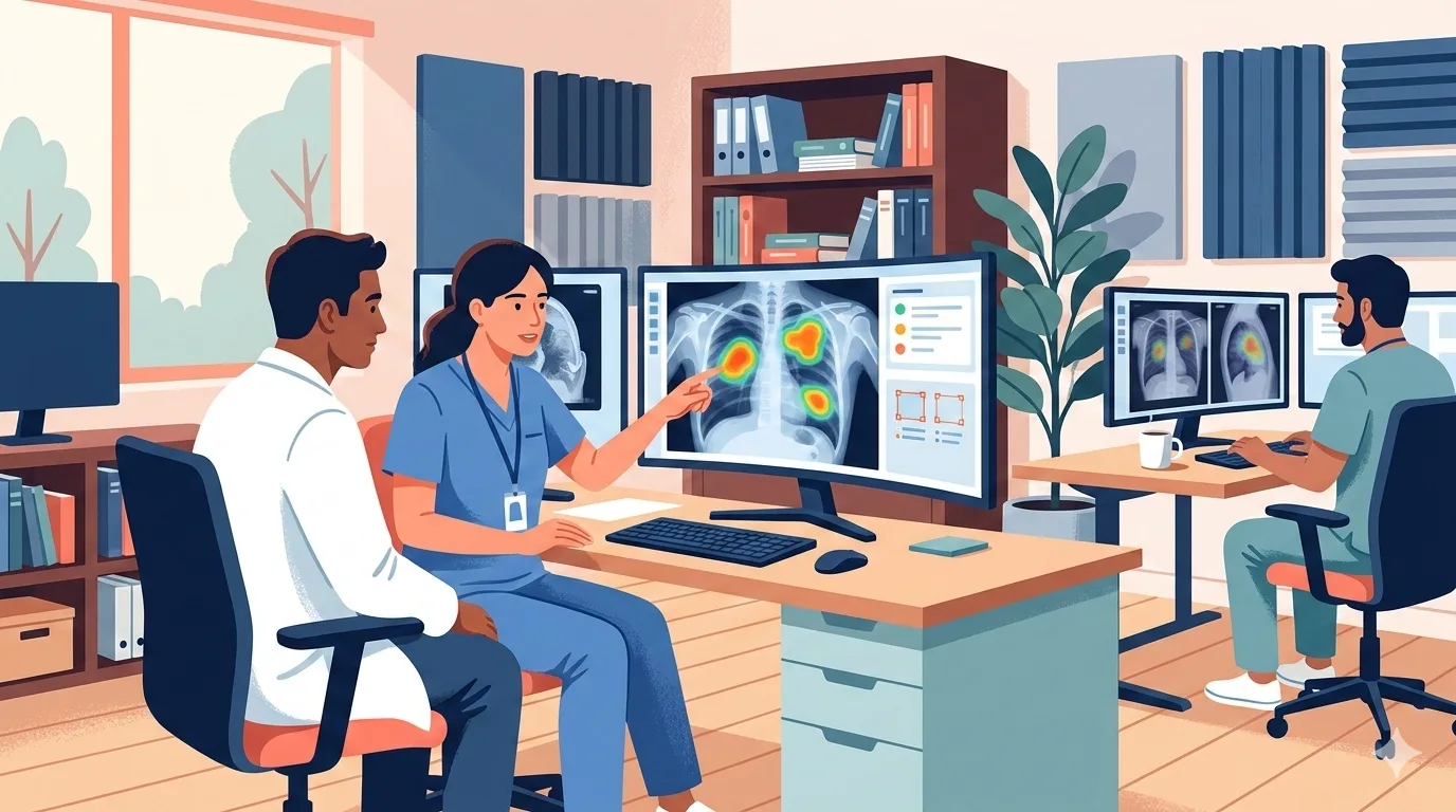 Small radiology reading room with three workstations showing AI-assisted analysis on screens