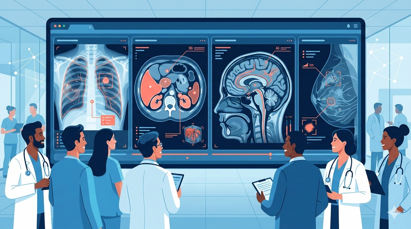 Futuristic medical imaging dashboard showing AI analysis across multiple modalities including X-ray, CT, MRI, and mammography