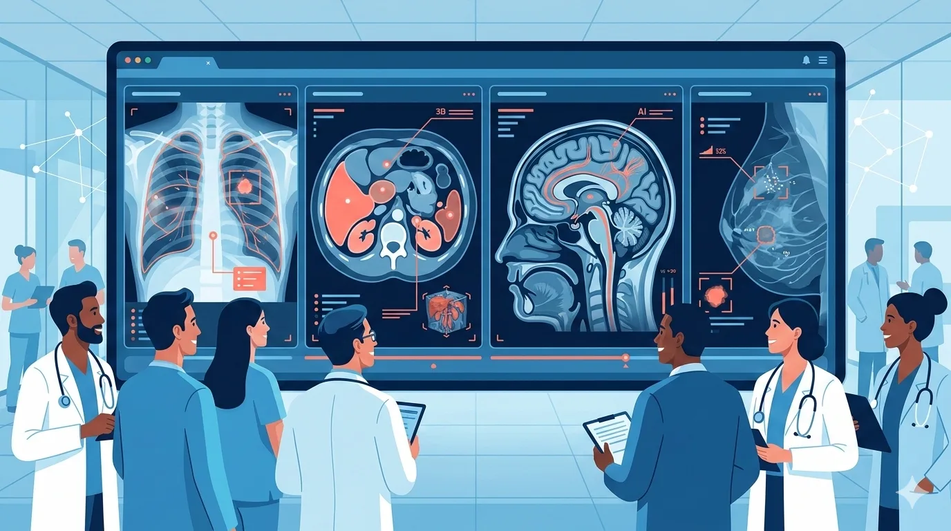 Futuristic medical imaging dashboard showing AI analysis across multiple modalities including X-ray, CT, MRI, and mammography