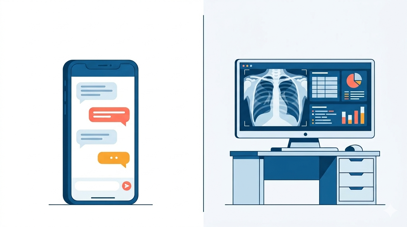 Split illustration comparing a casual smartphone chatbot on one side with a professional clinical AI medical workstation analyzing a chest X-ray on the other
