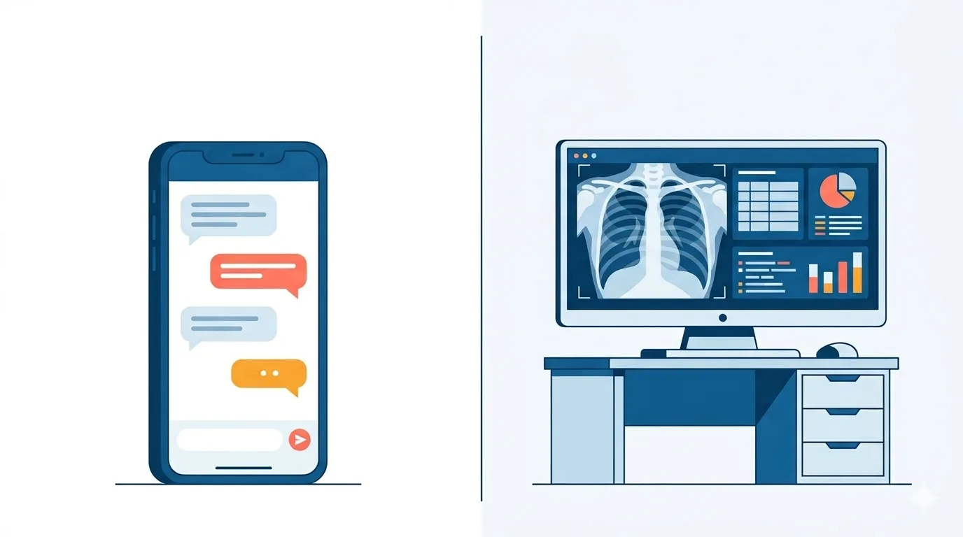 Split illustration comparing a casual smartphone chatbot on one side with a professional clinical AI medical workstation analyzing a chest X-ray on the other