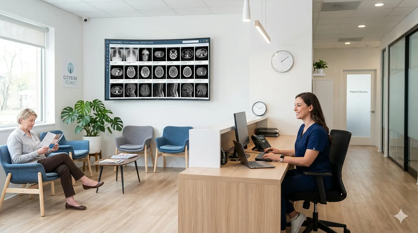 Small clinic reception area with a wall-mounted screen showing a cloud PACS dashboard displaying medical imaging studies