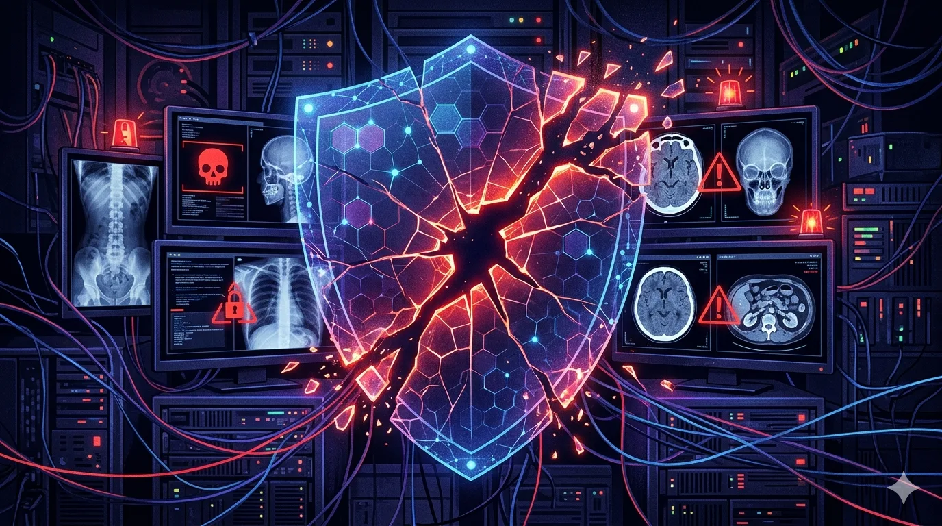 Digital illustration of a cracked shield over a medical imaging server with exposed patient scans visible through the breach, warning symbols and network lines in the background