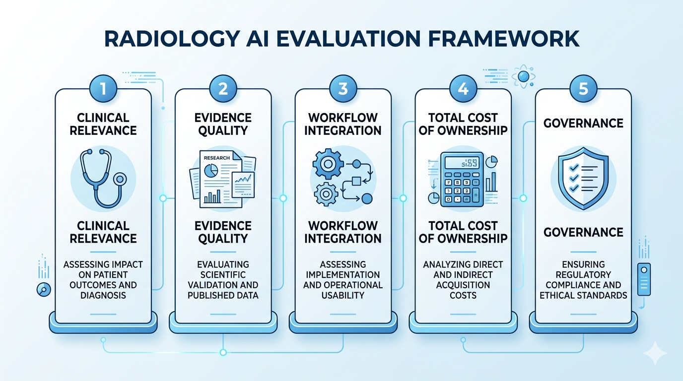 Infographic showing the radiology AI evaluation framework: clinical relevance, evidence quality, workflow integration, total cost, and governance