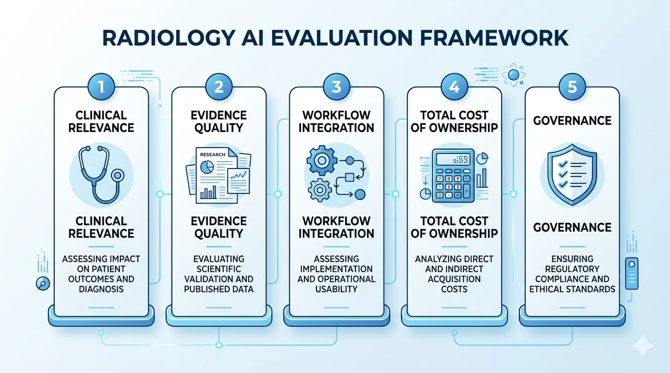 Infographic showing the radiology AI evaluation framework: clinical relevance, evidence quality, workflow integration, total cost, and governance