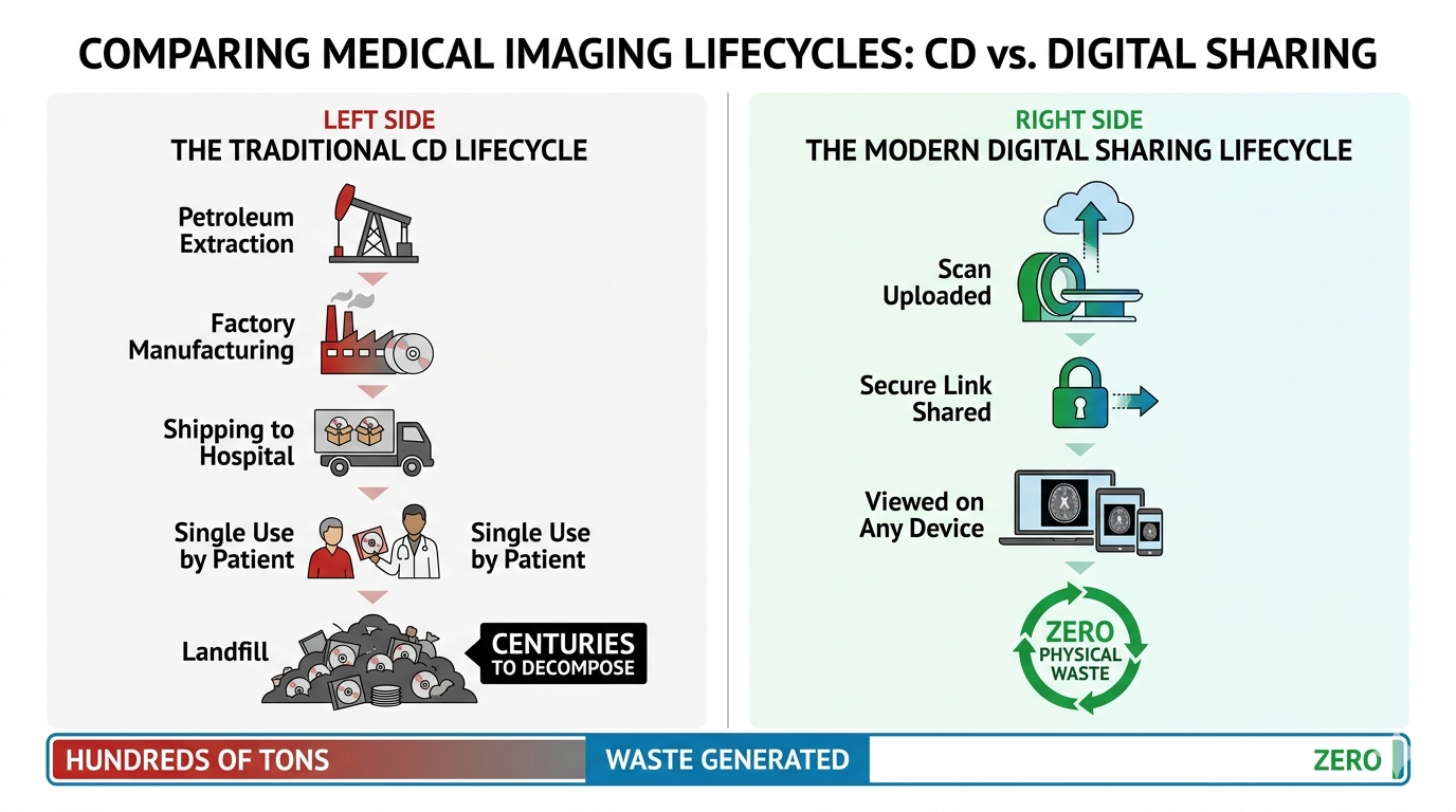 Infographic comparing the lifecycle of a medical CD (petroleum extraction, manufacturing, transport, single use, landfill) versus digital sharing (upload, share link, zero physical waste)