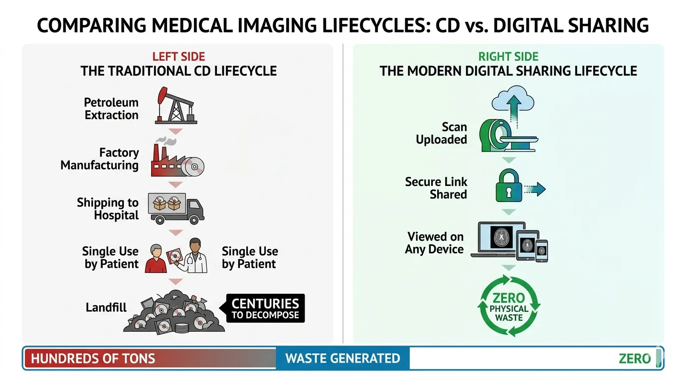 Infographic comparing the lifecycle of a medical CD (petroleum extraction, manufacturing, transport, single use, landfill) versus digital sharing (upload, share link, zero physical waste)