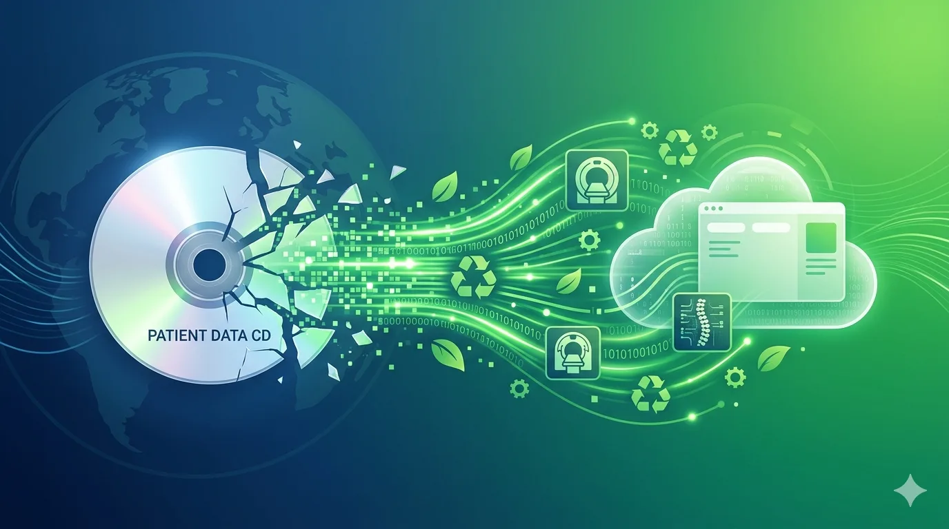 Illustration of a medical CD breaking apart into a green digital stream of leaves and medical imaging icons, symbolizing the shift from physical waste to sustainable digital sharing