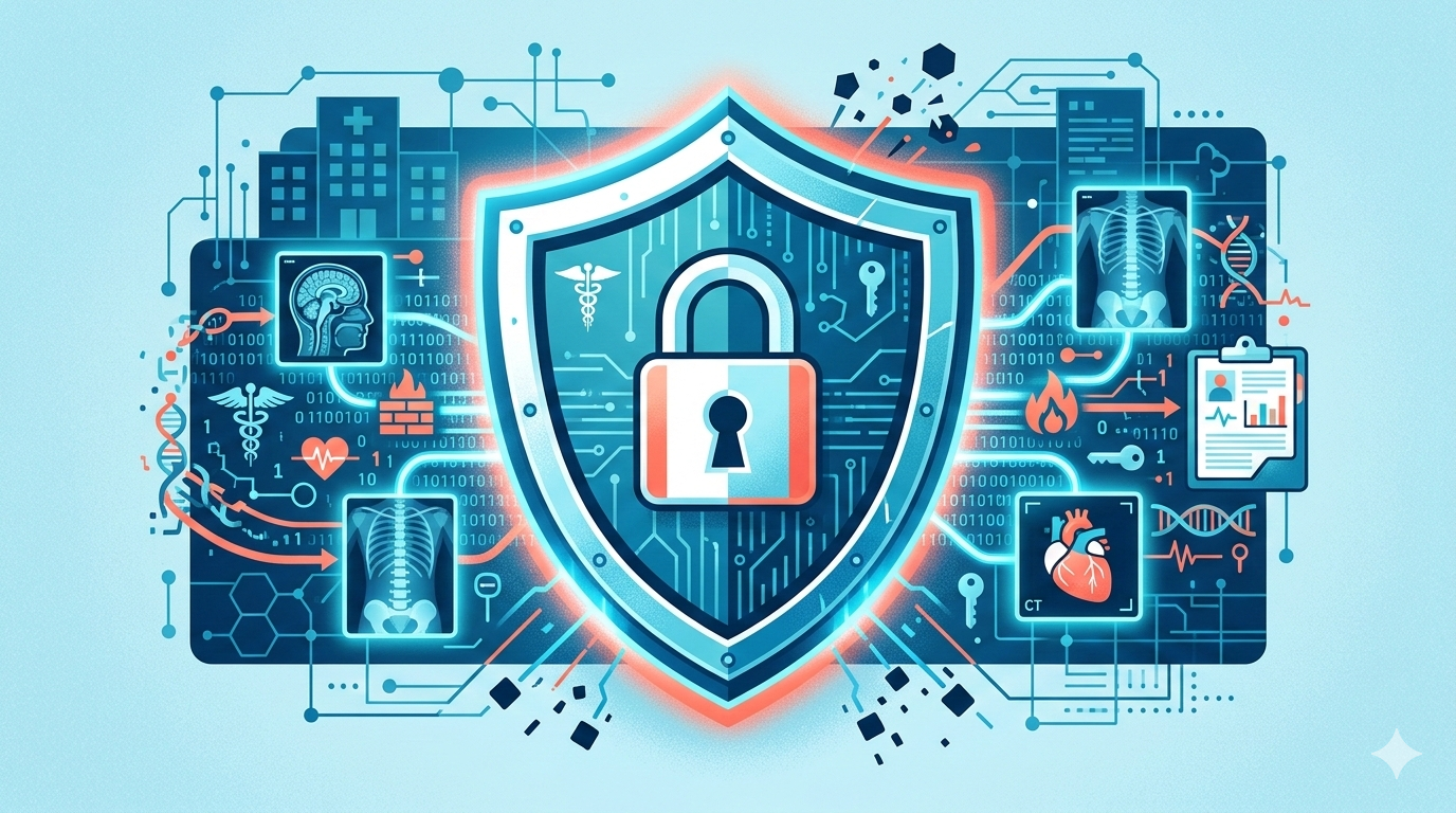 Shield icon with lock representing medical data security, surrounded by encryption and HIPAA compliance symbols