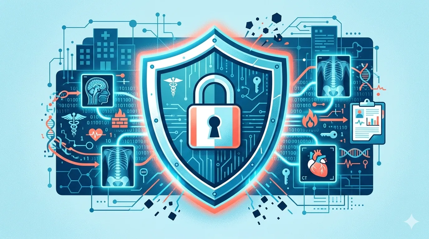 Shield icon with lock representing medical data security, surrounded by encryption and HIPAA compliance symbols
