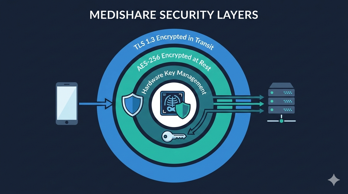 Medixshare Security Layers — three concentric encryption layers protecting your medical scans from device to server