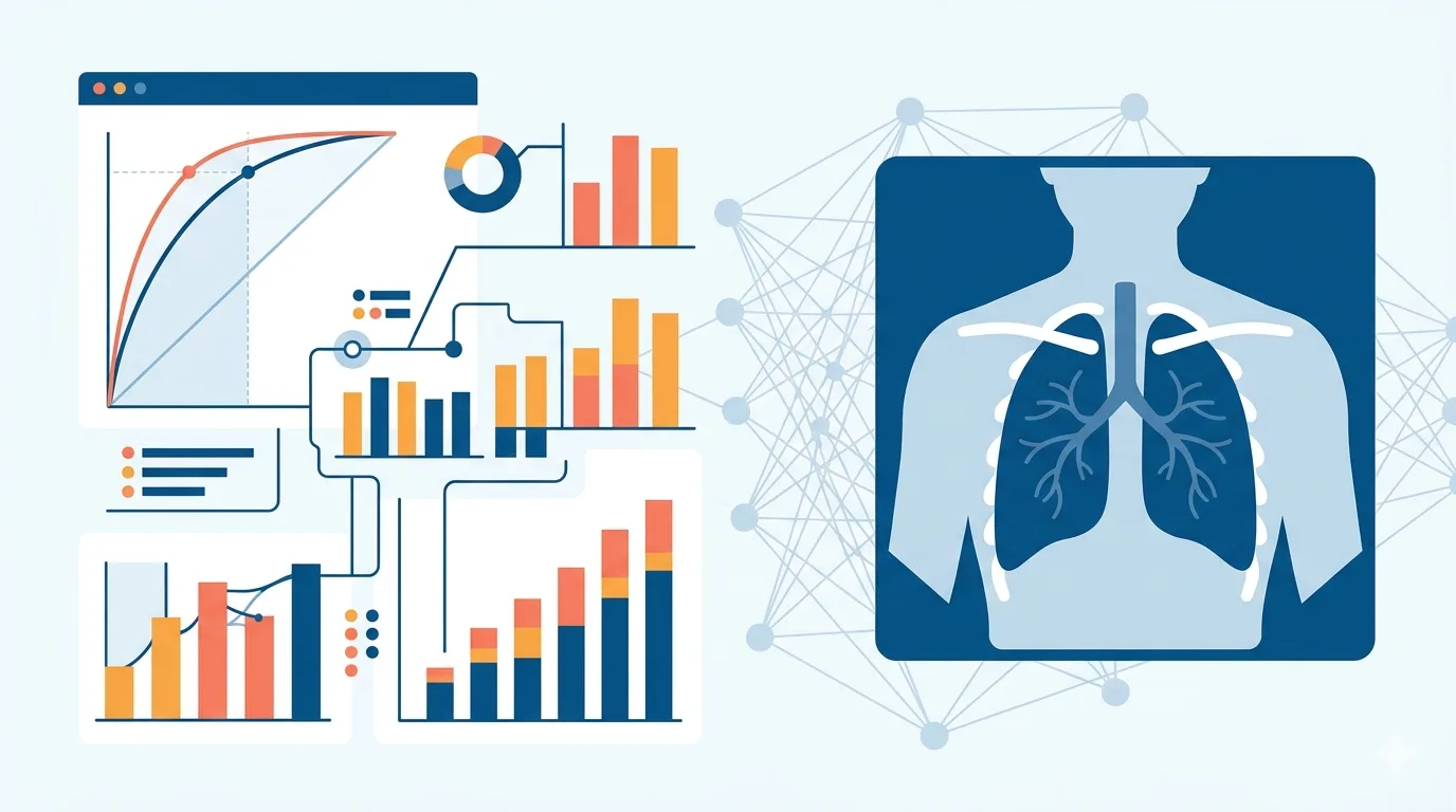 Data visualization showing AI chest X-ray accuracy metrics with sensitivity and specificity curves alongside a chest radiograph
