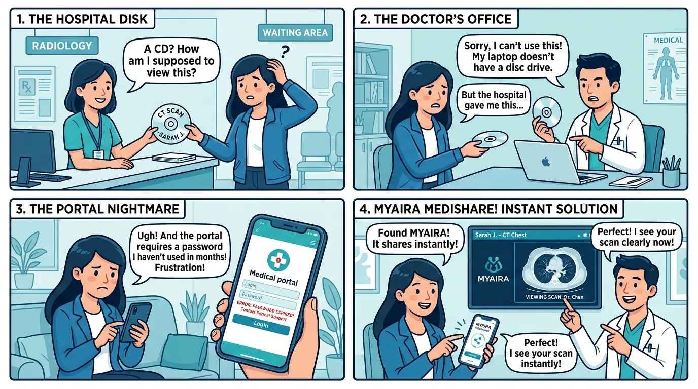 Comic strip showing the frustration of medical scan sharing — from CDs to portal nightmares to the instant Medixshare solution