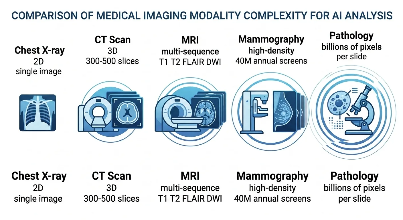 Complexity spectrum of medical imaging modalities for AI — from 2D chest X-rays through 3D CT scans, multi-sequence MRI, high-density mammography, to billion-pixel pathology slides