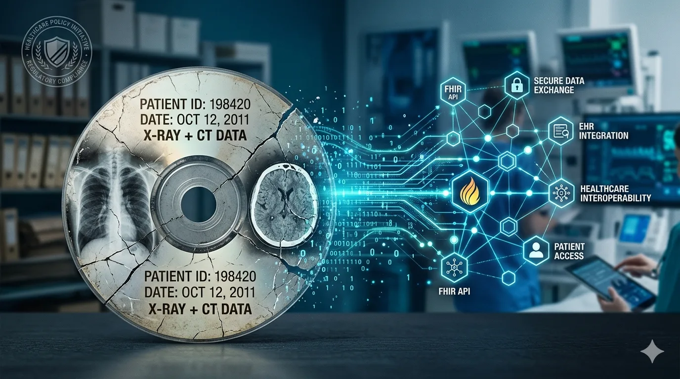 Digital illustration of a cracked CD with medical imaging data transforming into modern digital streams flowing through FHIR API connections, with the ONC logo in the background
