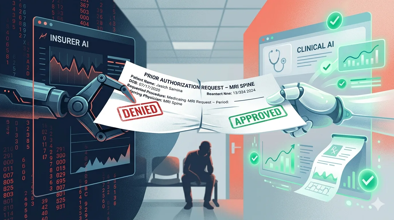 Digital illustration of a medical imaging order caught between two AI systems — one representing the insurer's denial algorithm and one representing clinical AI — with a patient waiting in the background