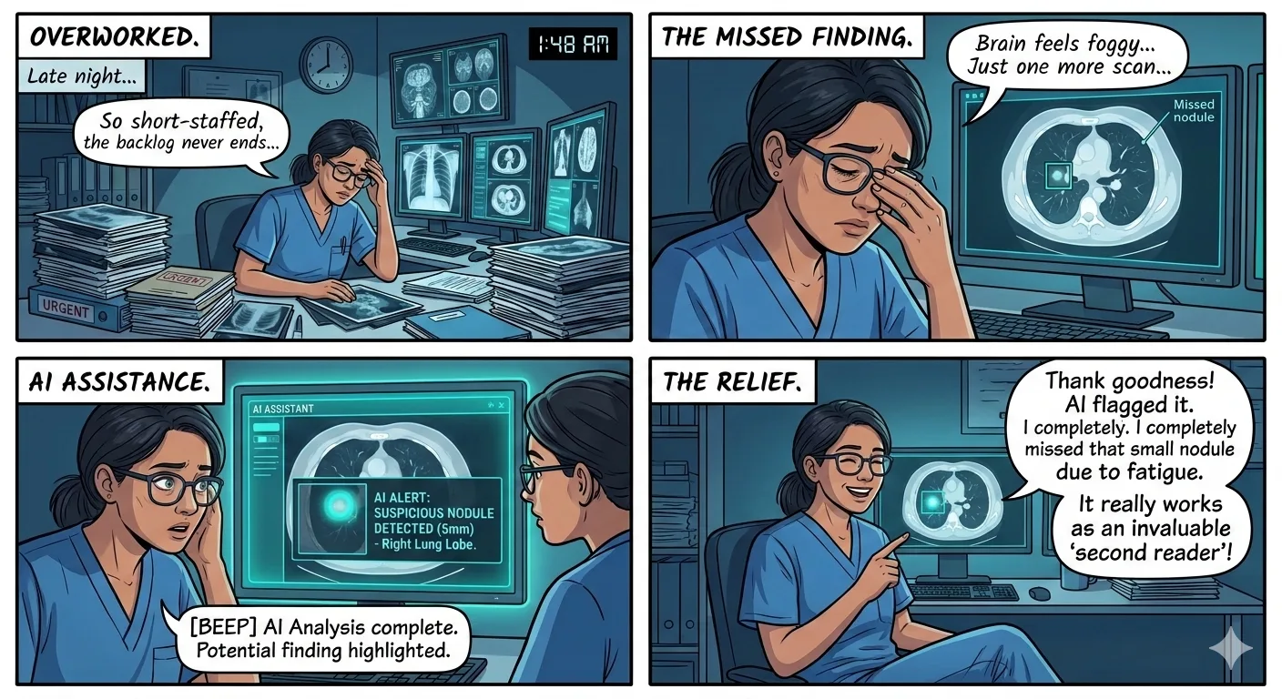 Comic strip showing an overworked radiologist getting help from AI — fatigue-related misses caught by an always-alert second reader