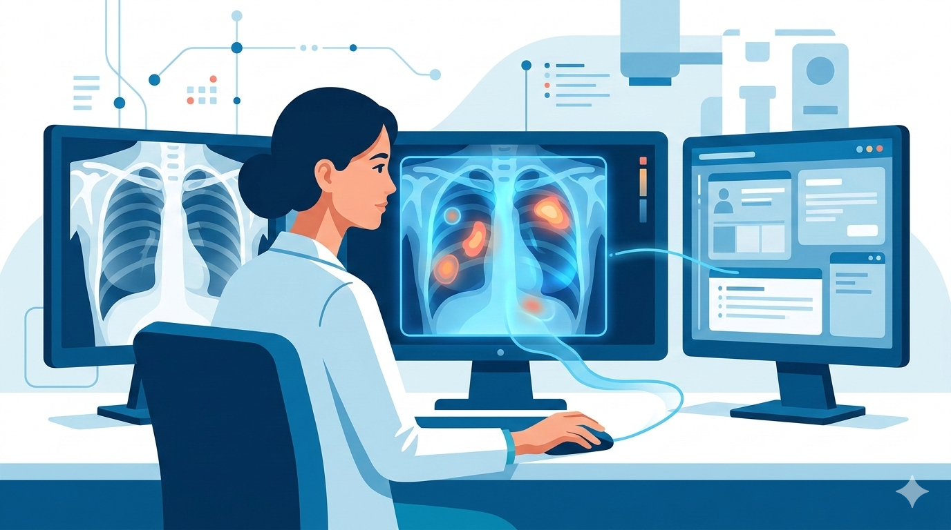 Illustration of a radiologist at a workstation with AI-assisted analysis highlighting findings on chest X-rays