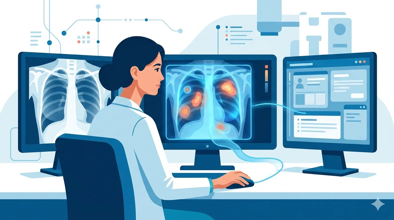Illustration of a radiologist at a workstation with AI-assisted analysis highlighting findings on chest X-rays