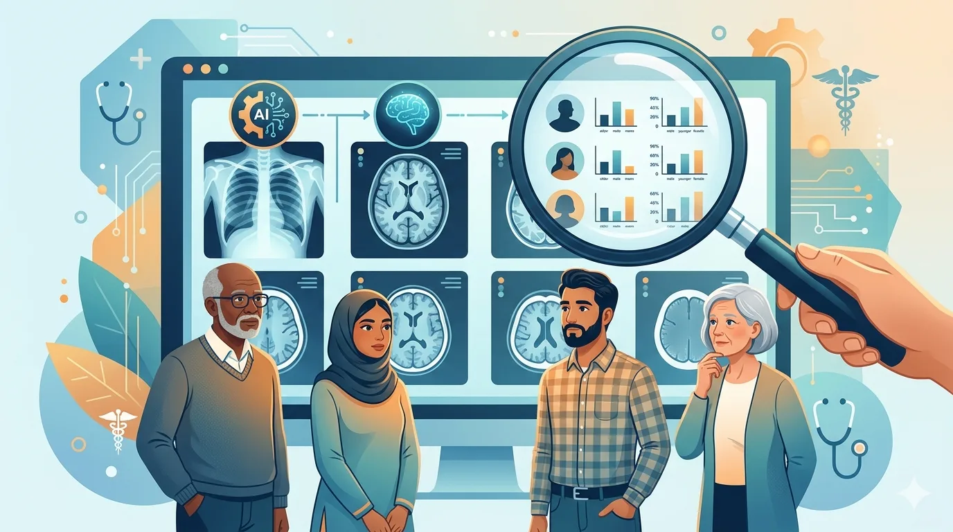 Illustration depicting diverse patient populations with a magnifying glass examining AI diagnostic outputs, highlighting disparities in accuracy across demographic groups