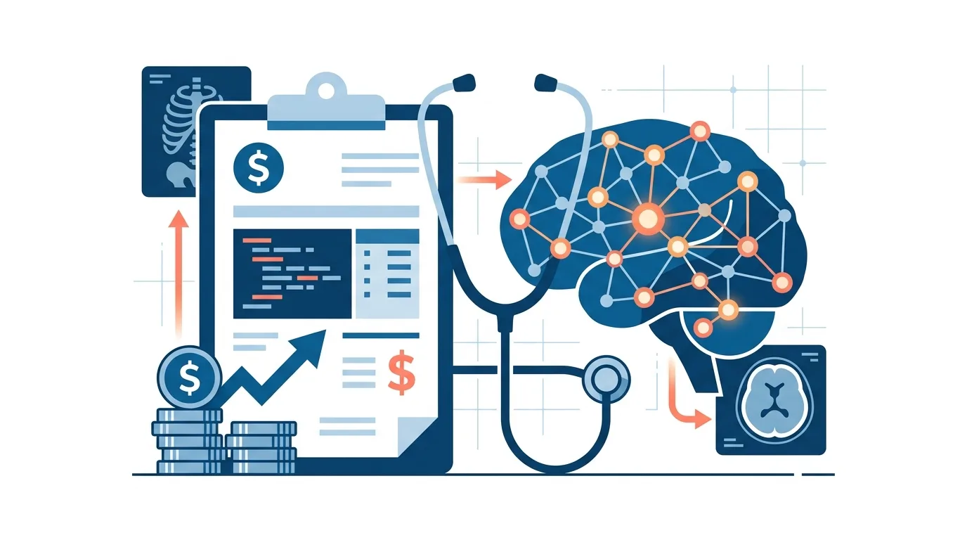 Flat illustration of a medical billing document alongside AI neural network and financial growth symbols, representing radiology AI reimbursement