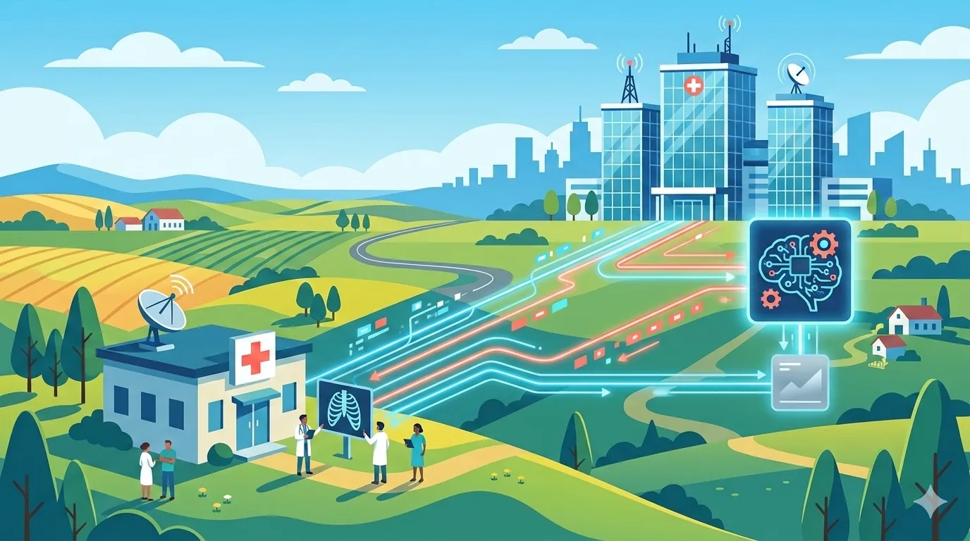 Rural hospital connected digitally to AI analysis and remote radiologist, representing teleradiology with AI assistance