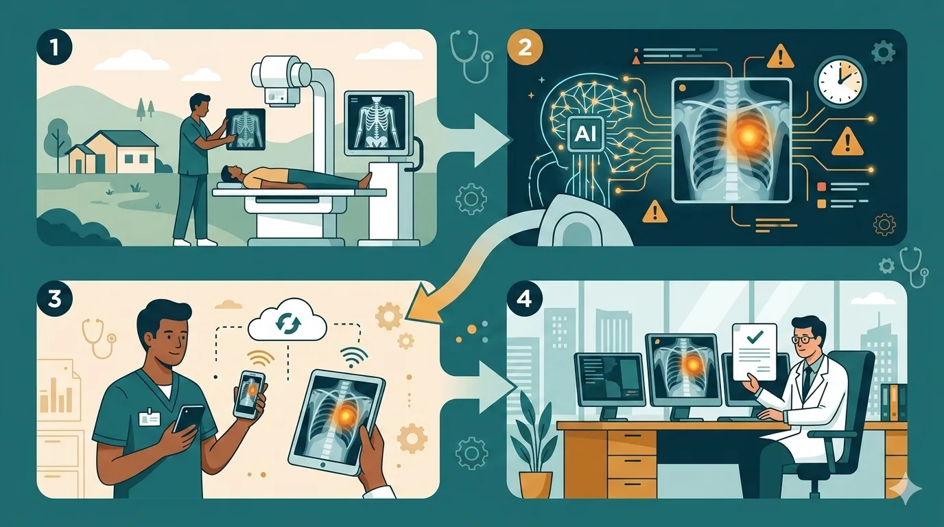 Four-step workflow diagram: rural clinic captures X-ray, AI instantly analyzes and flags findings, clinician shares scan to remote specialist, specialist provides definitive read