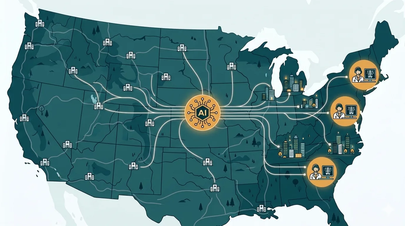 Map showing rural hospitals across America connected by digital lines to a central AI hub and urban radiologist centers, illustrating the diagnostic coverage gap being bridged by technology