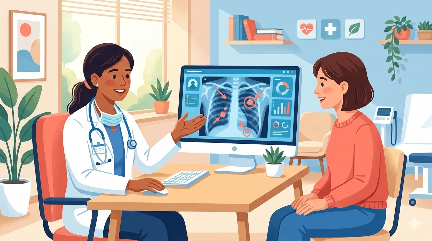 A patient and doctor reviewing a chest X-ray together on screen, with a subtle AI heatmap overlay highlighting an area of concern