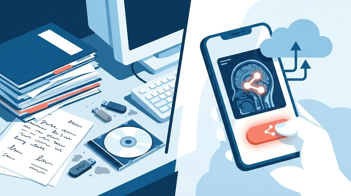 Illustration contrasting outdated CD-based medical scan sharing with modern instant digital sharing via smartphone