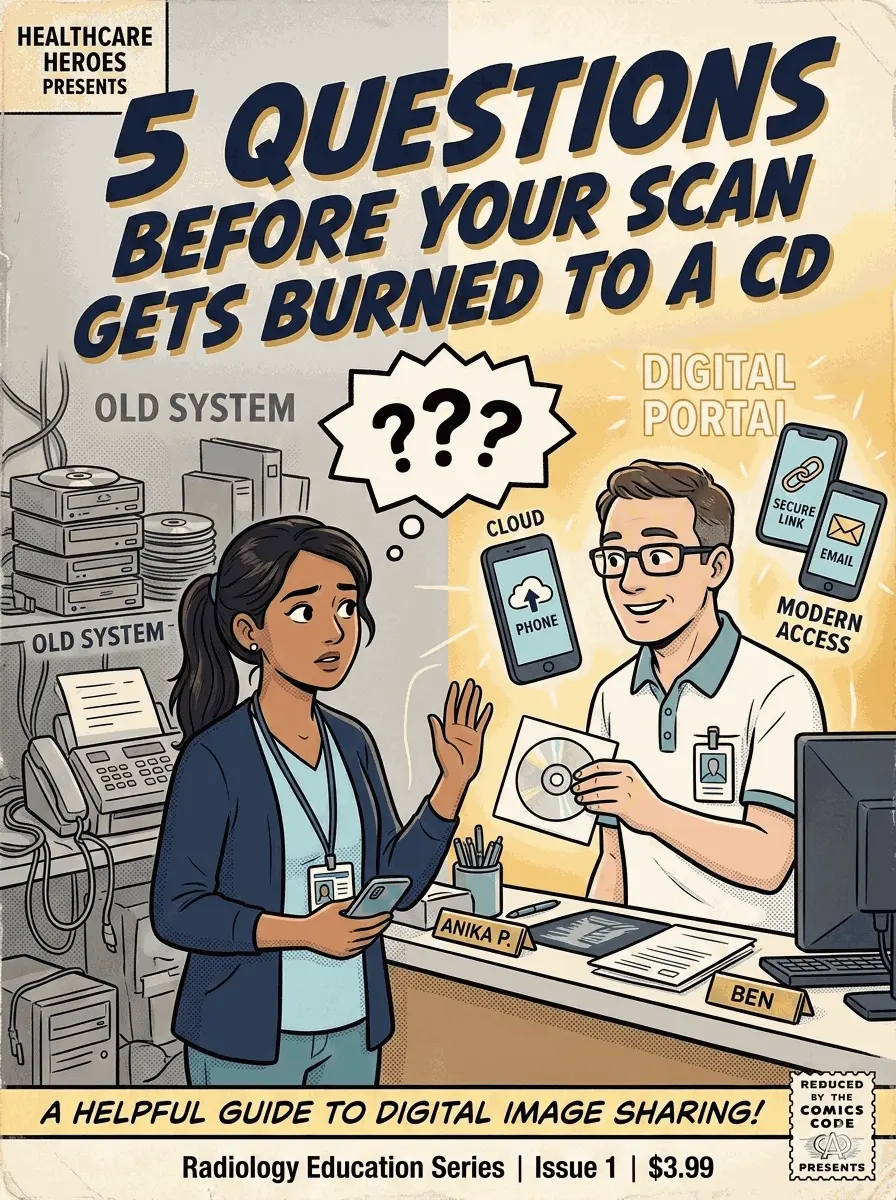 Comic: 5 Questions Before Your Scan Gets Burned to a CD — follow Anika's journey from unquestioning CD recipient to empowered digital patient