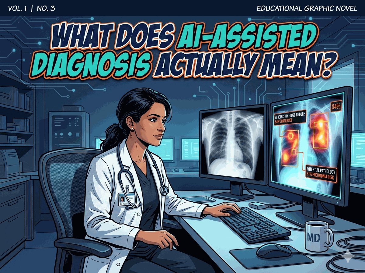 Comic: What Does AI-Assisted Diagnosis Actually Mean? — Dr. Maya debunks the myths and shows how AI really works in radiology