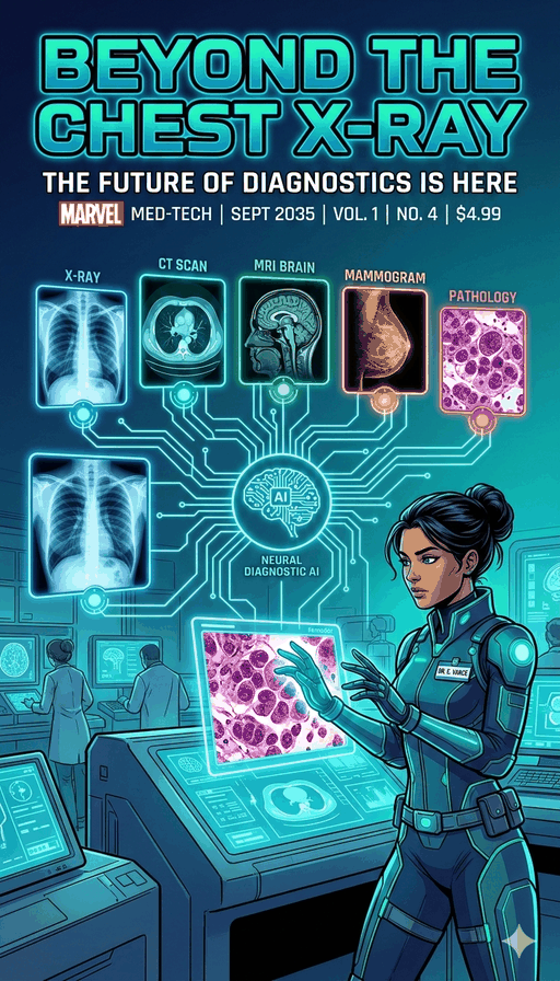 Comic: Beyond the Chest X-Ray — from where AI started with chest X-rays through the complexity spectrum of CT, MRI, and mammography to the multi-modality vision