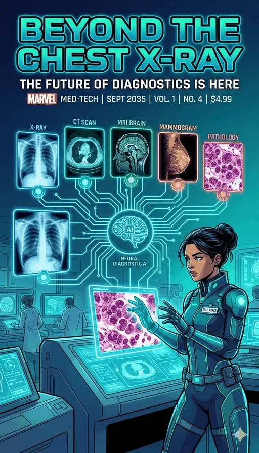 Comic: Beyond the Chest X-Ray — from where AI started with chest X-rays through the complexity spectrum of CT, MRI, and mammography to the multi-modality vision