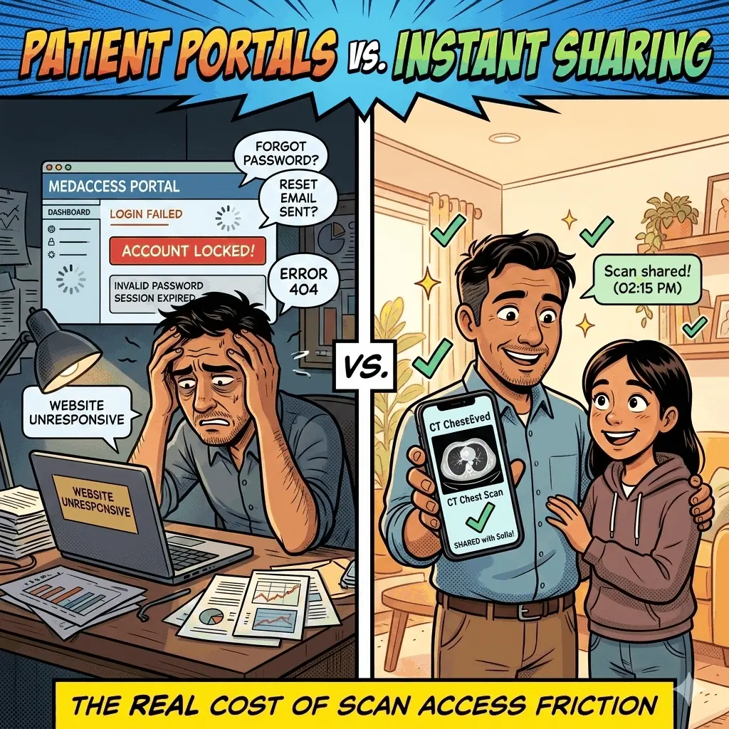 Patient Portals vs. Instant Sharing - An illustrated comic showing the frustrating journey of portal scan access versus the simplicity of instant sharing with Medixshare