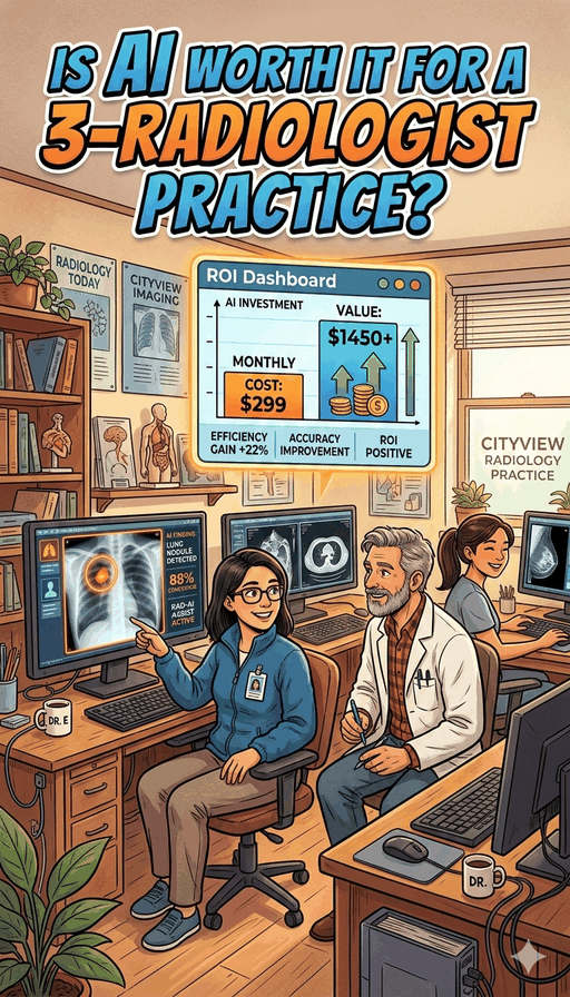 Comic: Is AI Worth It for a 3-Radiologist Practice? — from the daily grind of 150+ studies to ROI breakdown and the new normal of leaving on time