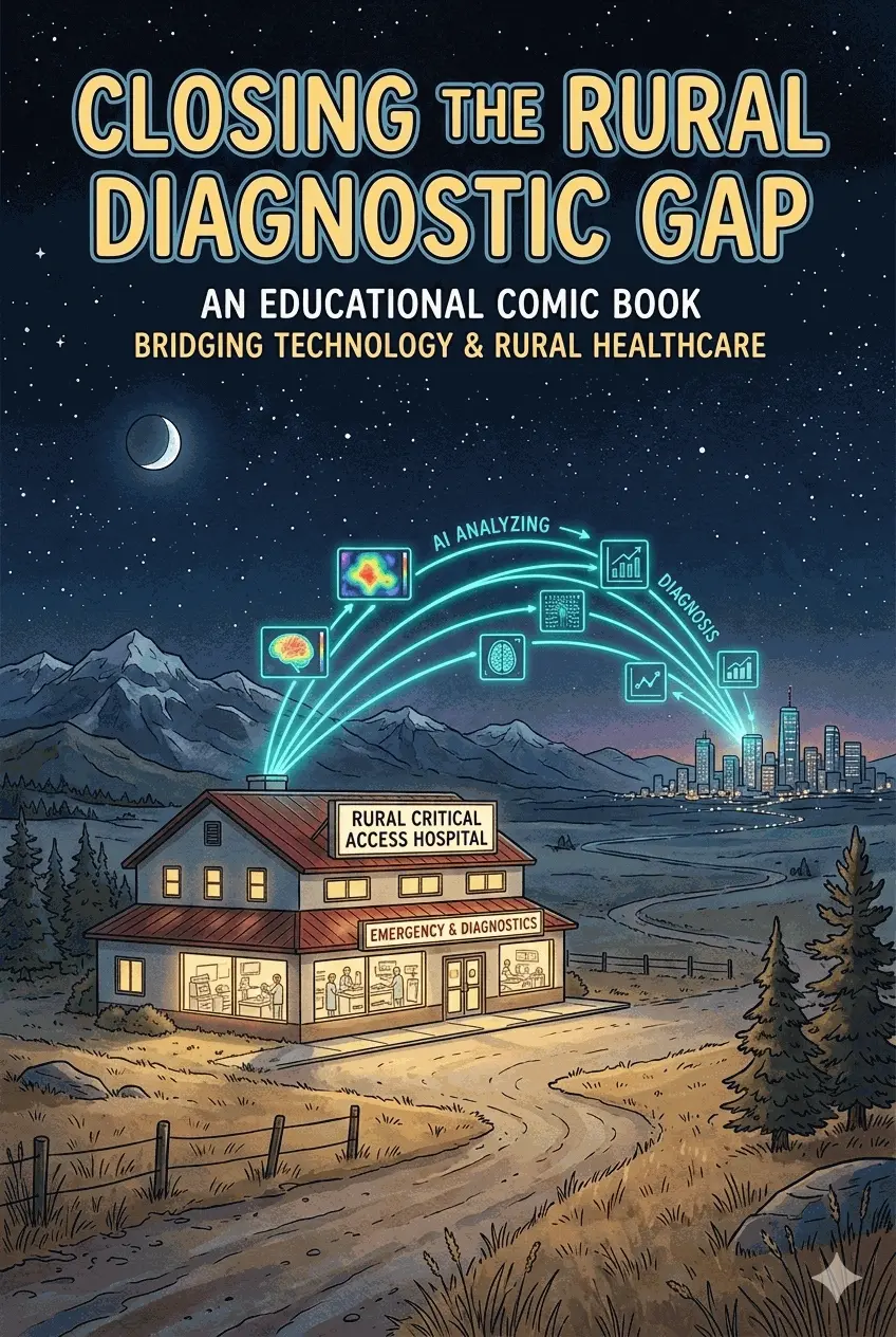 Comic: Closing the Rural Diagnostic Gap — Dr. Sarah's 2 AM crisis at a rural hospital, from hours of waiting to a 15-minute AI-assisted diagnosis