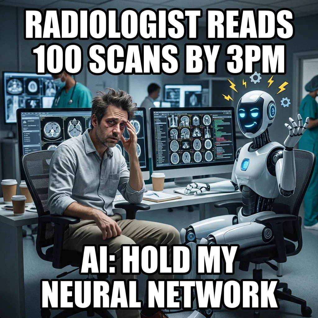 Meme: Radiologist reads 100 scans by 3PM, AI says hold my neural network