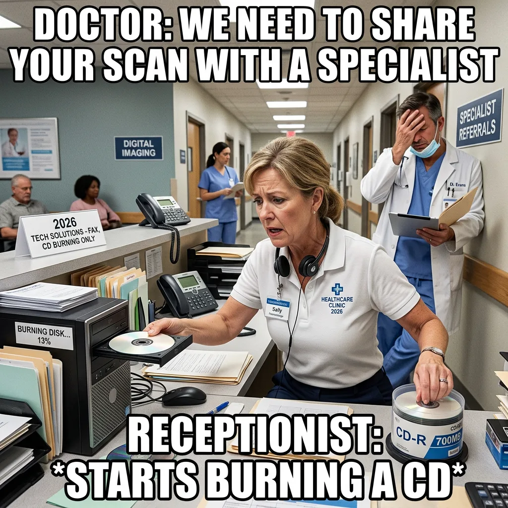 Meme: Doctor says share scan with specialist, receptionist starts burning a CD