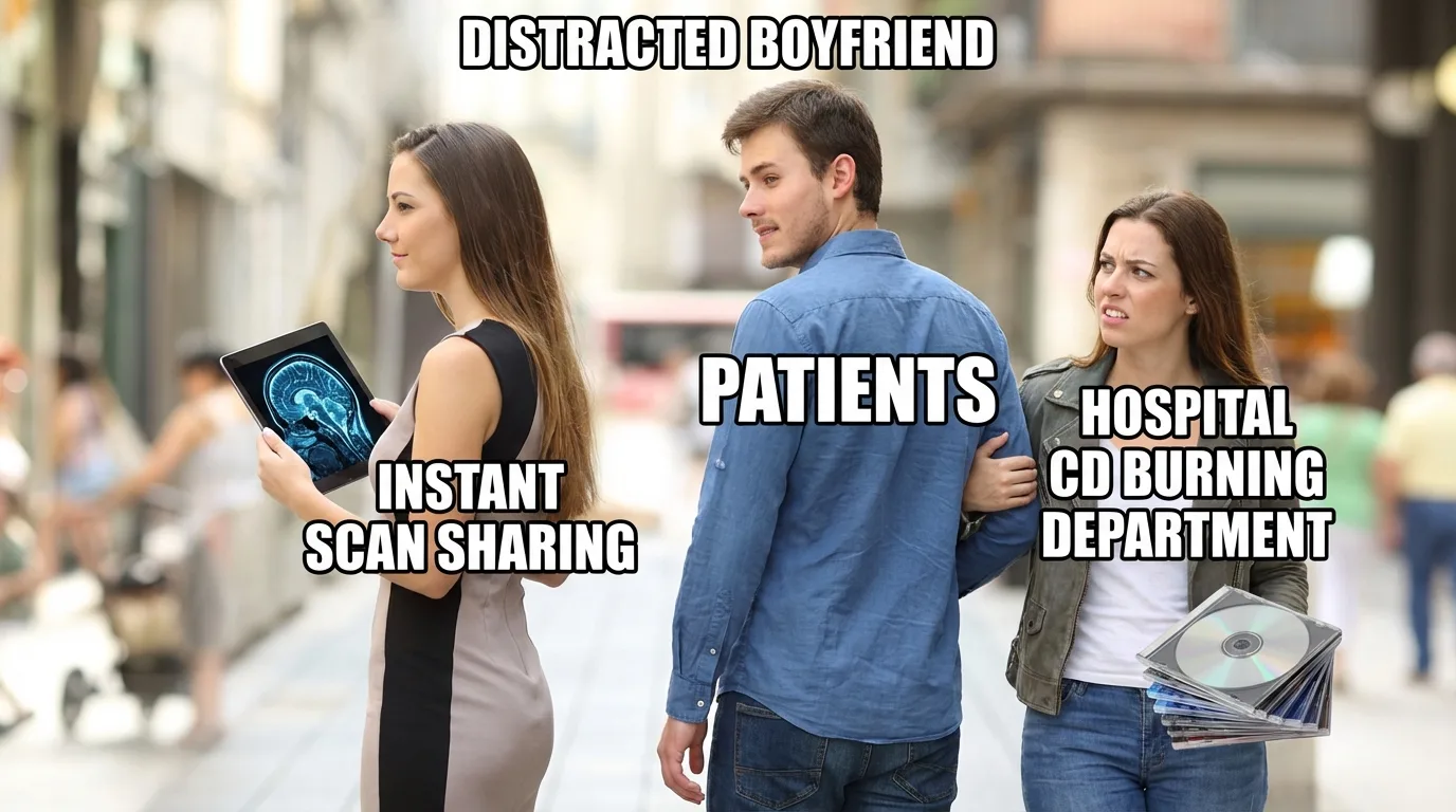 Meme: Patients distracted by instant scan sharing over hospital CD burning department