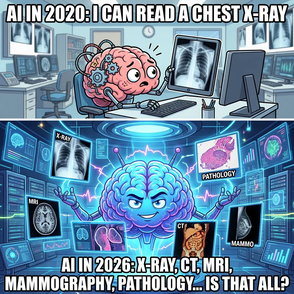 Meme: AI in 2020 reads one X-ray, AI in 2026 reads X-ray, CT, MRI, mammography, pathology