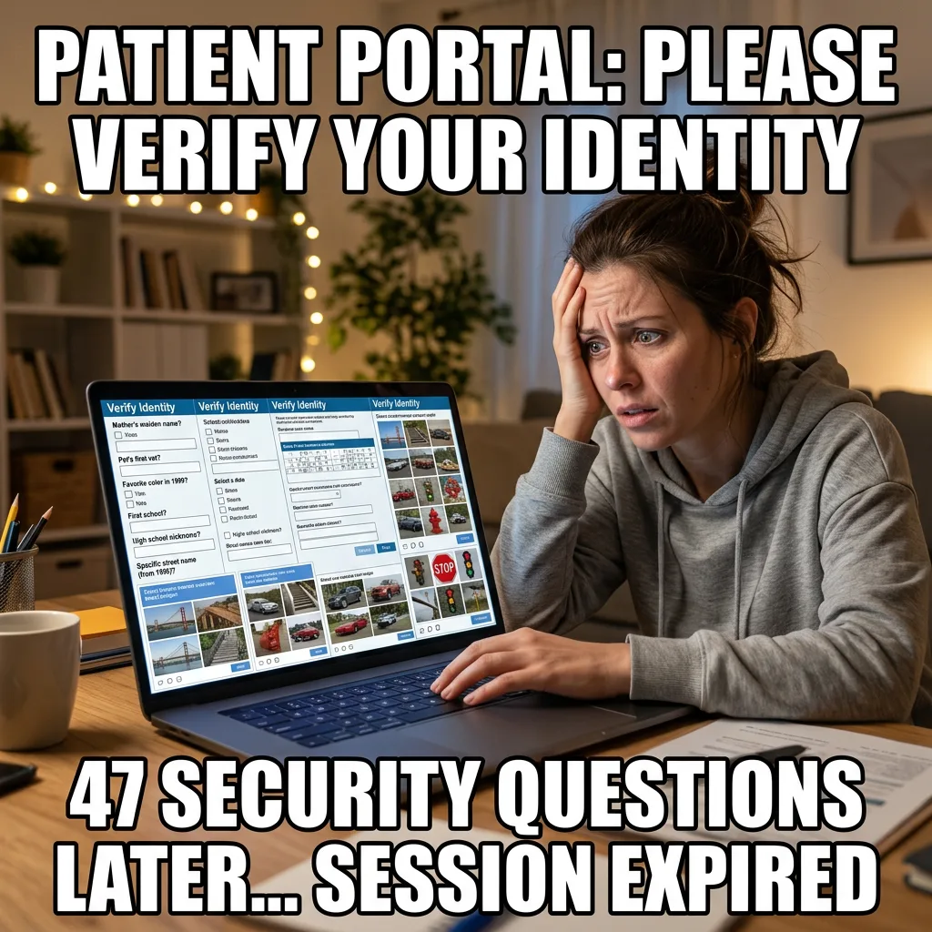 Meme: Patient portal asks to verify identity, 47 security questions later session expired