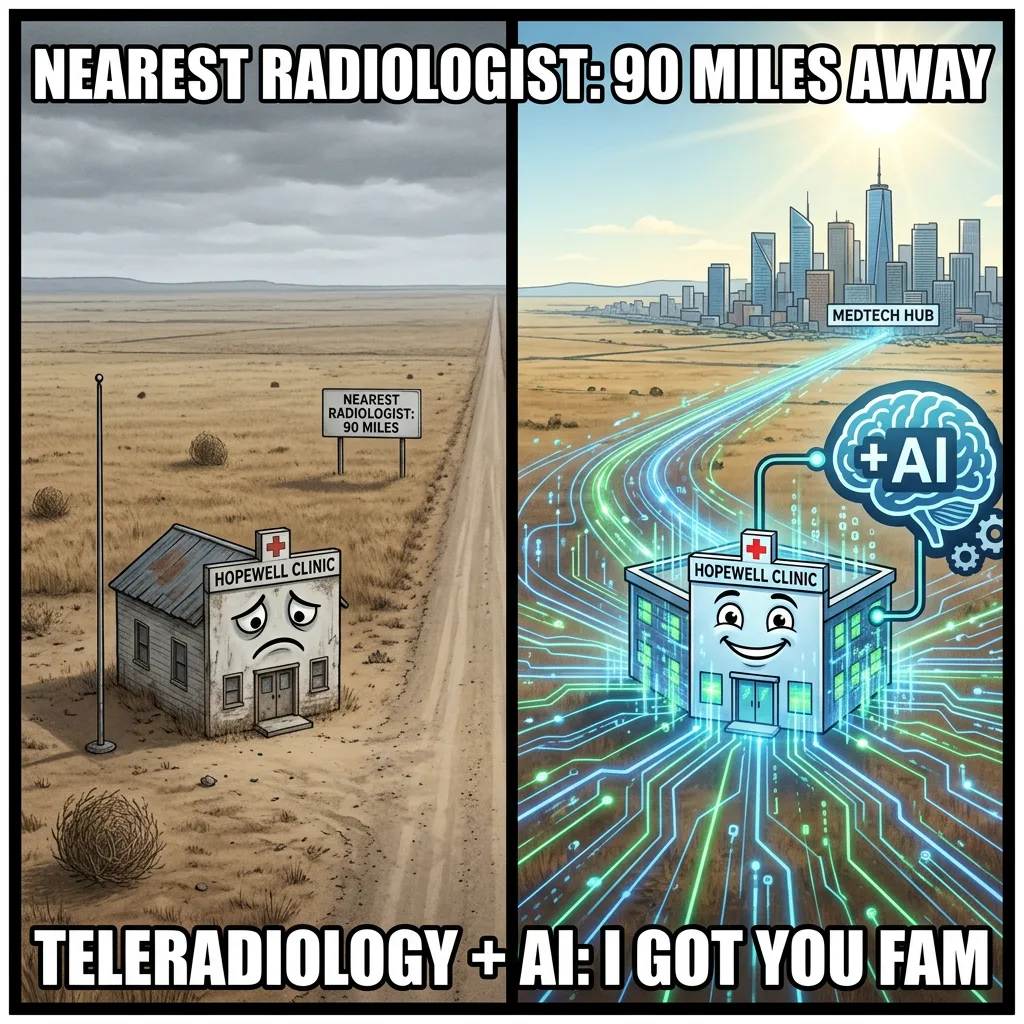 Meme: Nearest radiologist 90 miles away, teleradiology plus AI says I got you